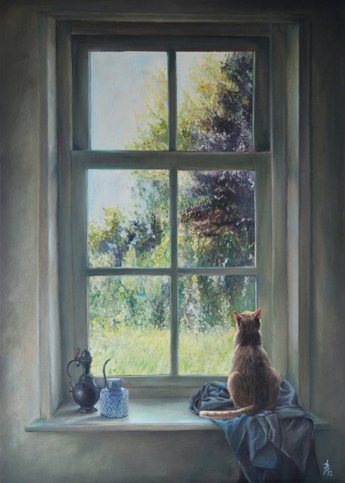 Realistisch Schilderij kat in het raam