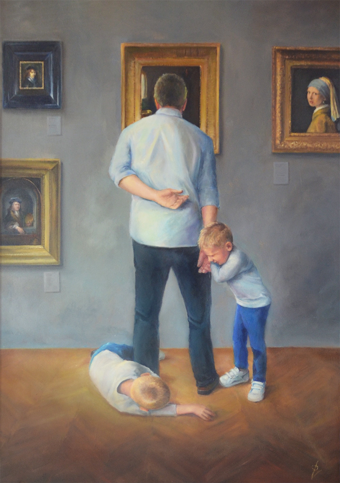 realistic painting, oil on panel, kids in museum