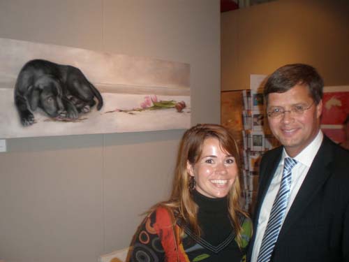 Realistisch schilderij, minister president Balkenende op beurs