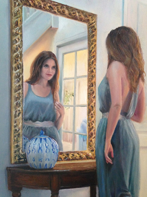Portret in opdracht, schilderij vrouw bij spiegel, portretschilder