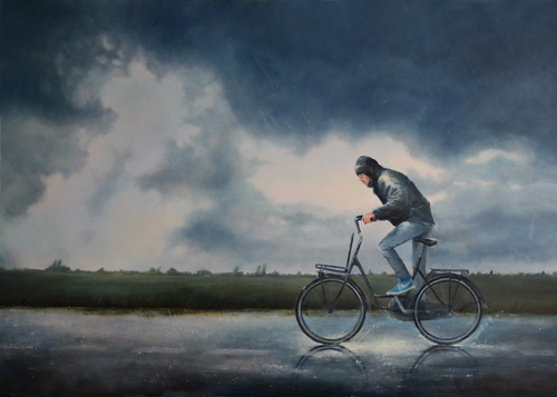 Realistsch schilderij Hollandse zomer fietser slecht weer