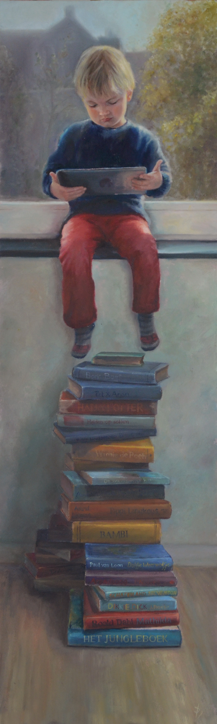 painting of boy reading iPad instead of books